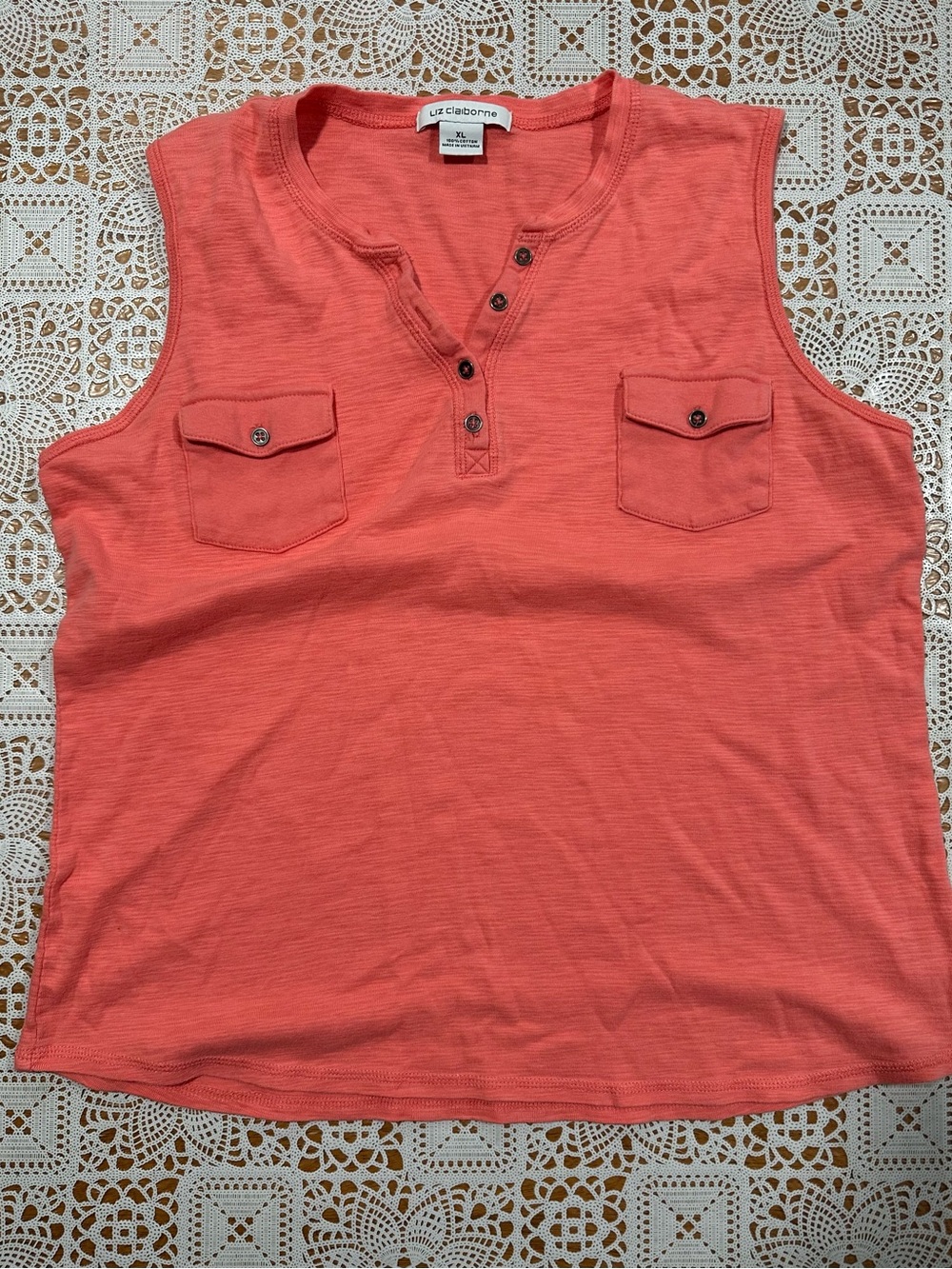 Liz Claiborne Coral Cotton Sleeveless Henley Pocket Top XL